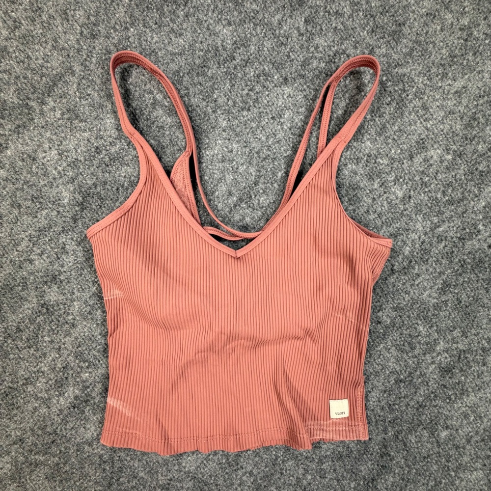 Vuori Mindset Bra Tank Women Small Rose Ribbed Strappy V-Neck Crop Top 0884